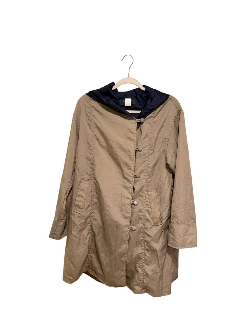 VINTAGE Orvis Tan Cape Style Trench Coat with Navy Hood- Size Medium